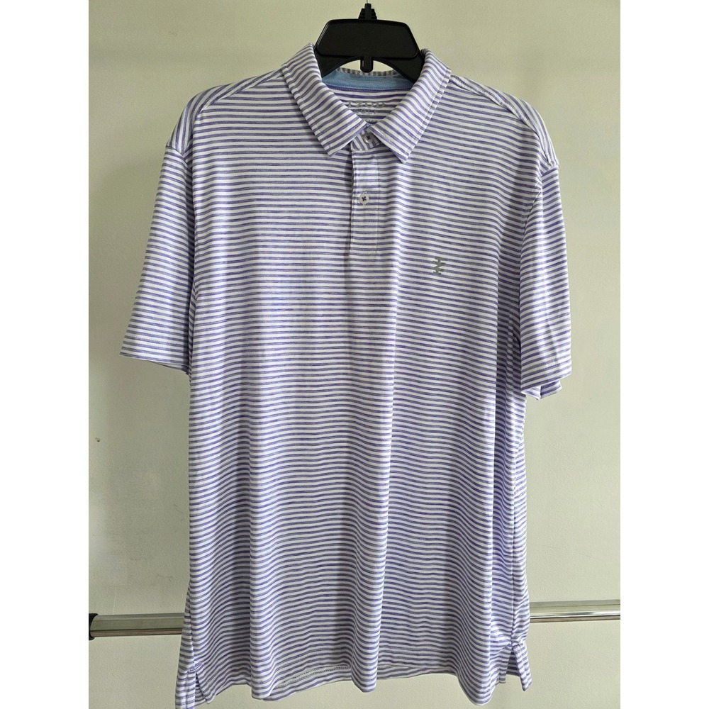 Mens sz L IZOD Golf Purple White Striped Short Sleeve Stretch Polo Shirt 45PG001